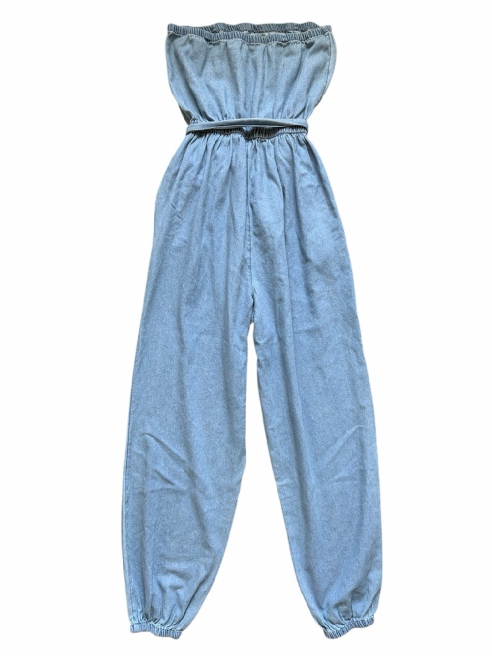 American Eagle Chambray Strapless Jumpsuit Elastic Waist Tie Front Pockets XS - Picture 4 of 5